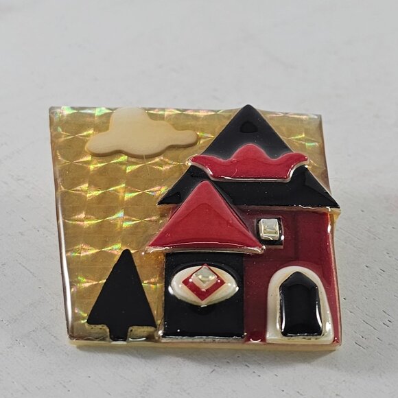 House Pins by Lucinda Brooch Red Black Crown Cloud Tree Art Deco House Design - Picture 9 of 9